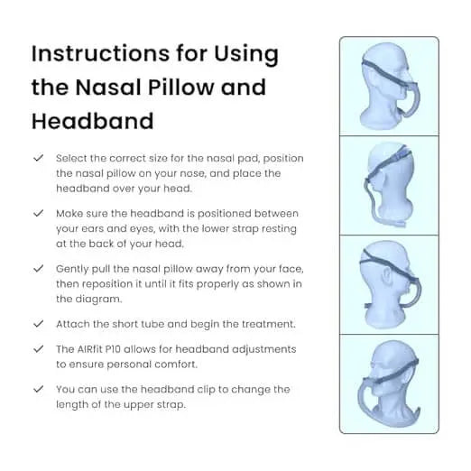 Instructions for using the AirFit P10 nasal pillow and headband for optimal comfort and fit.