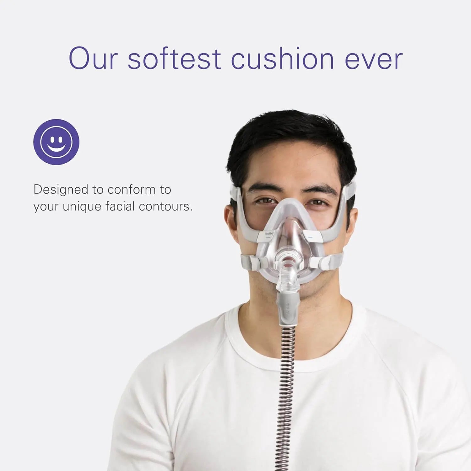 Man wearing ResMed AirTouch F20 mask with soft cushion designed for facial contours.