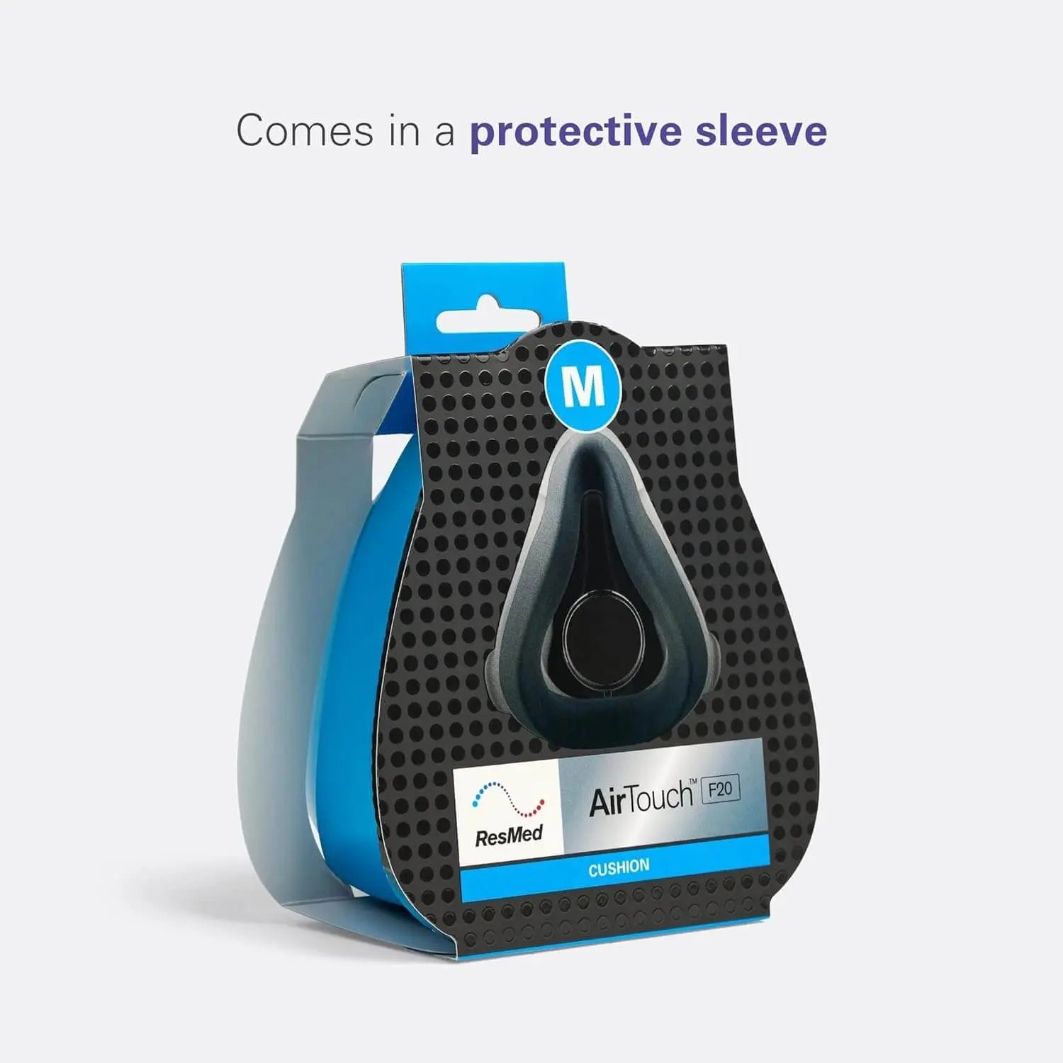 ResMed AirTouch F20 Cushion in protective sleeve, Medium size, featuring UltraSoft Memory Foam for comfort.