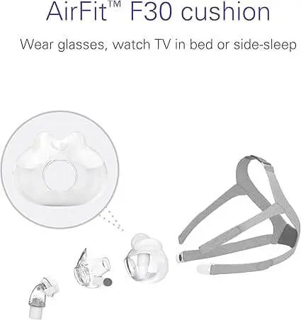 AirFit F30 replacement cushion size S, designed for comfort while wearing glasses, ideal for side-sleepers and TV watching.