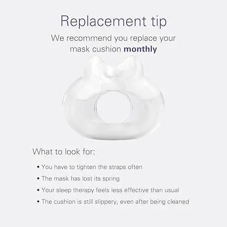 Replacement tip for ResMed mask cushion; advice to change monthly for optimal sleep therapy performance.