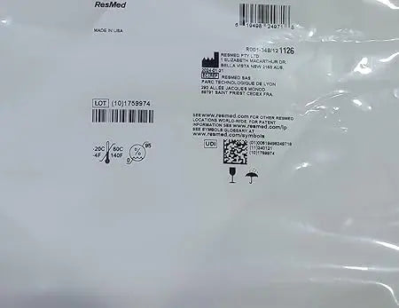 ResMed packaging for AirFit P10 nasal pillows with lot number and QR code for product details.