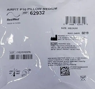 ResMed AirFit P10 Nasal Pillow Medium size packaging featuring item details and barcode.