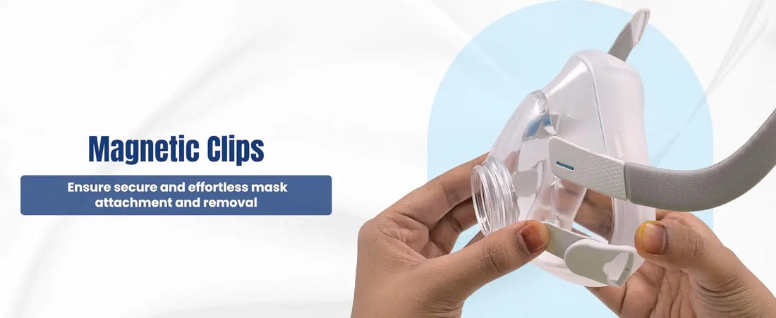 Magnetic clips for secure and effortless attachment of CPAP mask with hands demonstrating the product features.