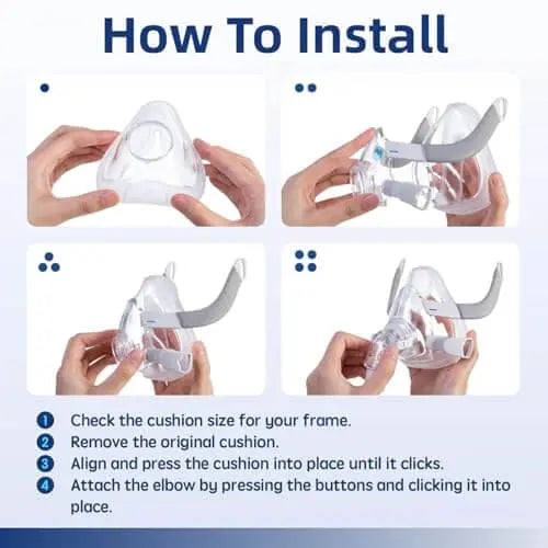 Step-by-step installation guide for Resmed Airfit F20 replacement mask components.