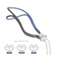 ResMed AirFit P10 nasal pillow frame with headgear strap and sizes S, M, L displayed.