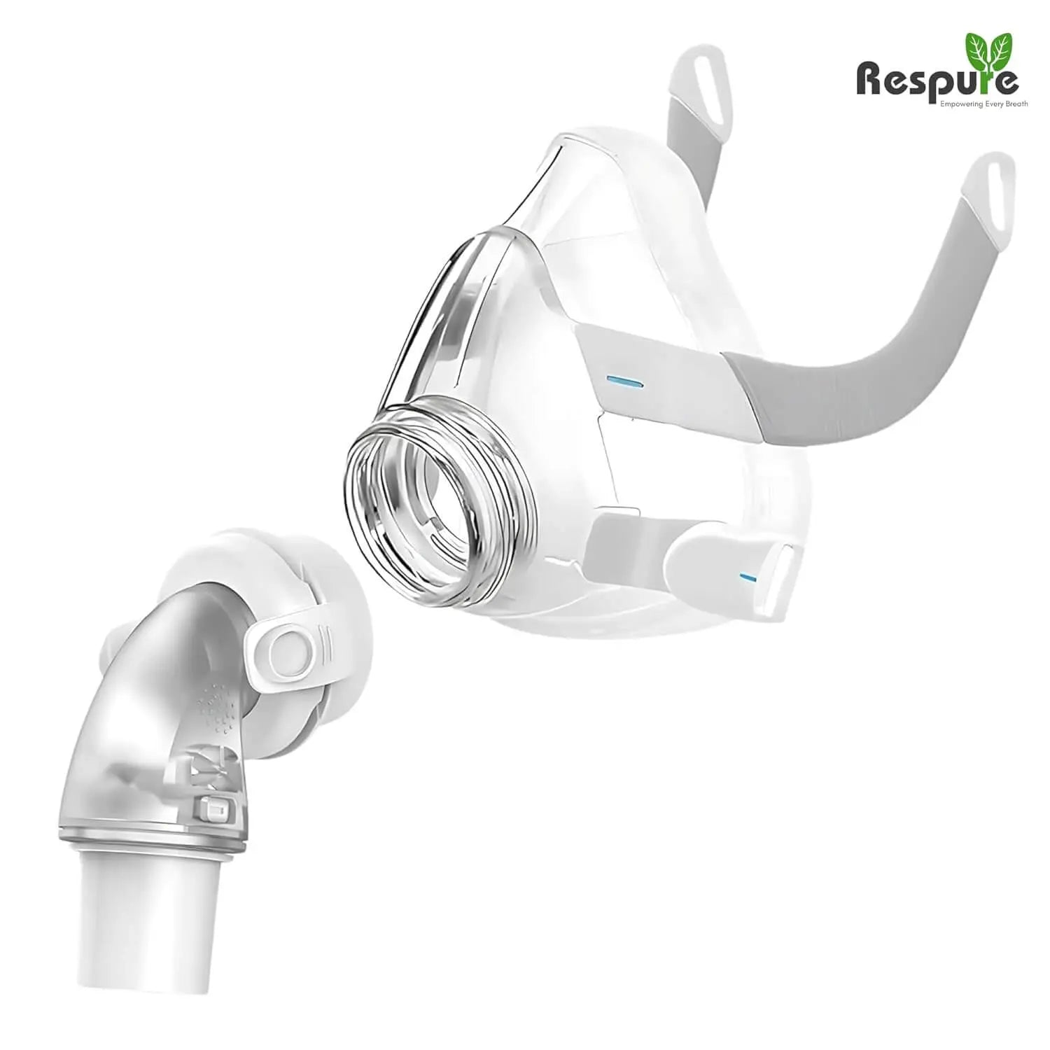 Replacement assembly for AirFit F20 with cushion and elbow, lightweight and durable, quick-release feature.