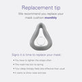 ResMed replacement tip graphic highlighting signs for mask cushion replacement. Includes monthly replacement recommendation.