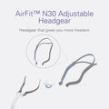 AirFit N30 adjustable headgear with elastic material for comfortable and personalized fit, featuring gray and blue design.
