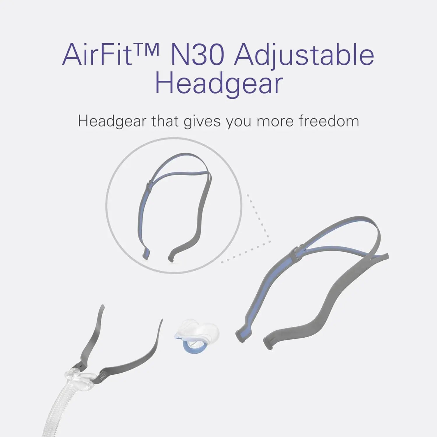 AirFit N30 adjustable headgear with elastic material for comfortable and personalized fit, featuring gray and blue design.