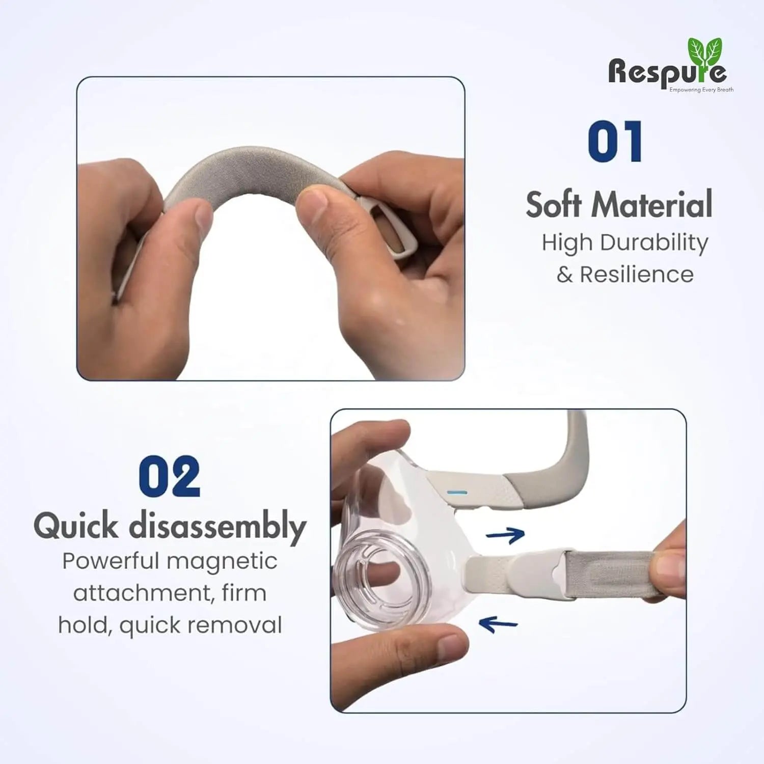 Image showing soft, durable material and quick disassembly features of a mask with magnetic attachment for easy use.