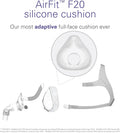 Resmed AirFit F20 silicone cushion showcasing its adaptive full-face design for optimal comfort.