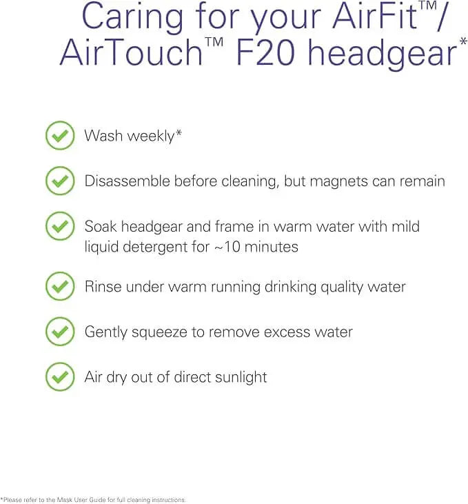 Instructions for caring for AirFit/AirTouch F20 headgear, including cleaning tips and maintenance steps.