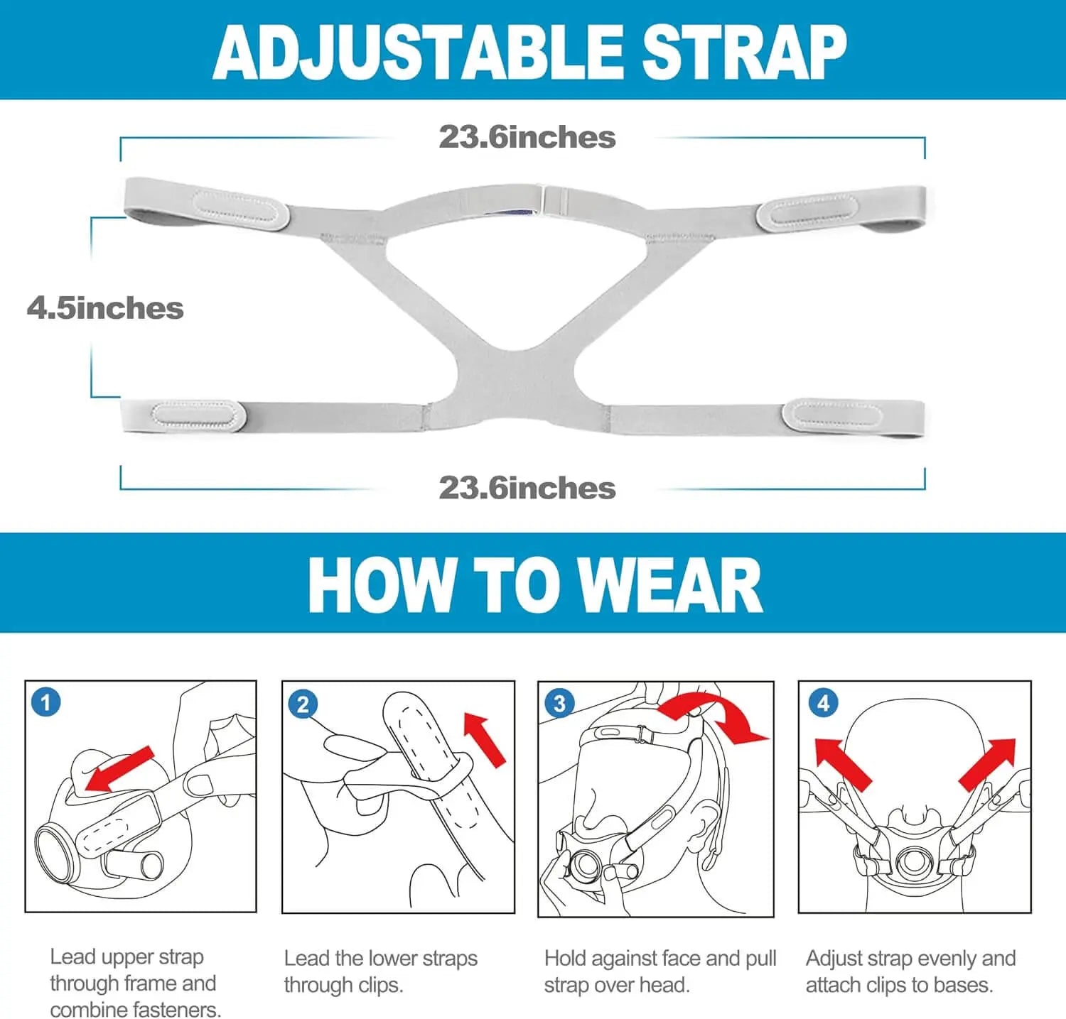 Adjustable strap for F30 with sizing details and step-by-step wearing instructions for easy use.