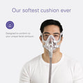 Man wearing ResMed AirTouch F20 mask with soft cushion designed for facial contours.