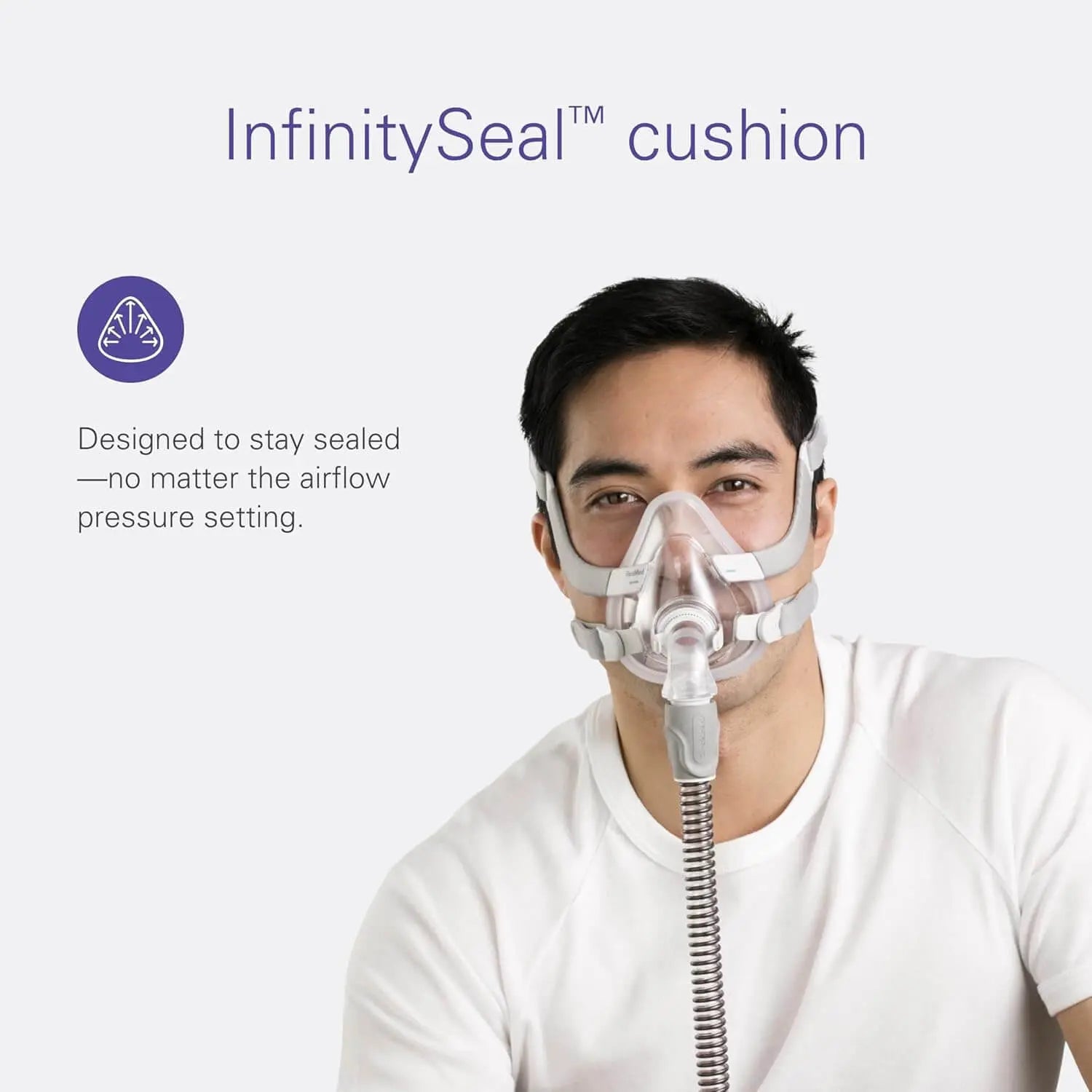 Man wearing Resmed Airfit F20 mask with InfinitySeal™ cushion for optimal comfort and seal during sleep therapy.
