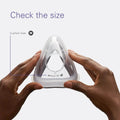ResMed AirTouch F20 medium cushion being held, showcasing the size check feature for precise fit and comfort.
