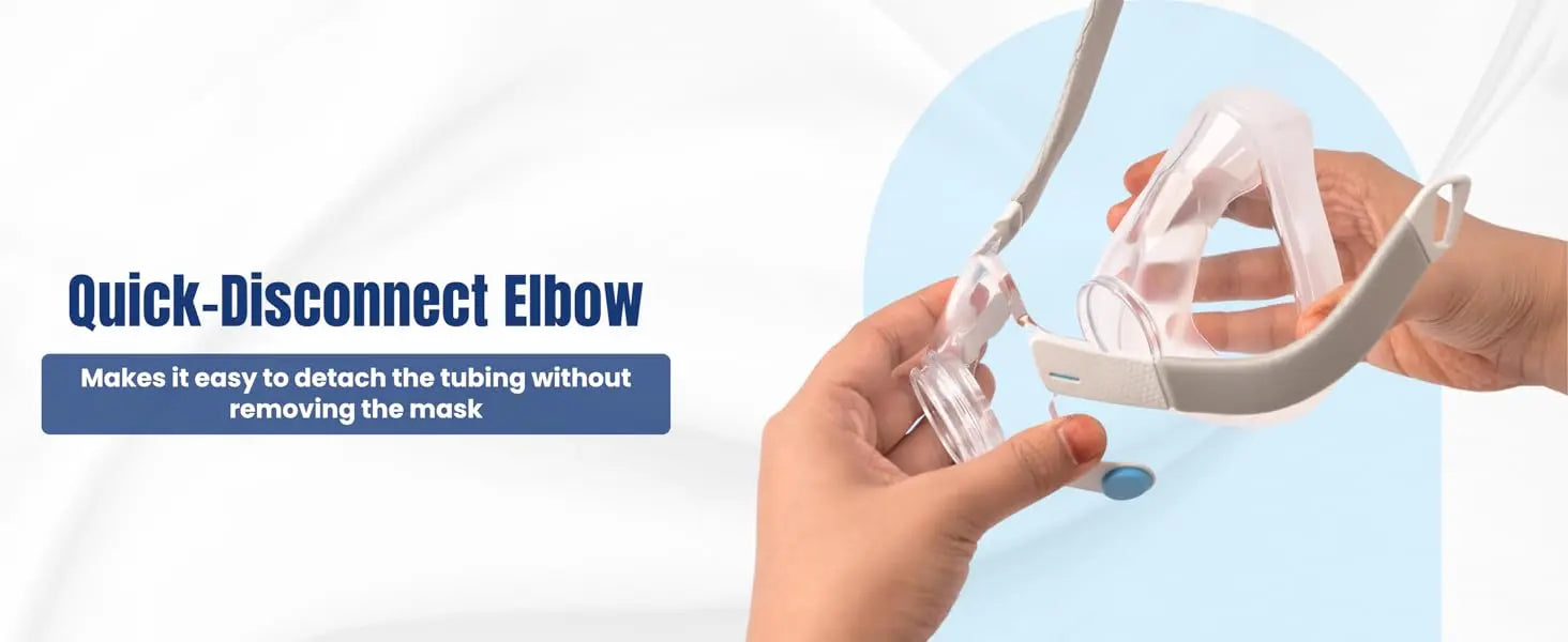 Hands demonstrating a Quick-Disconnect Elbow for easy tubing detachment without removing the mask.