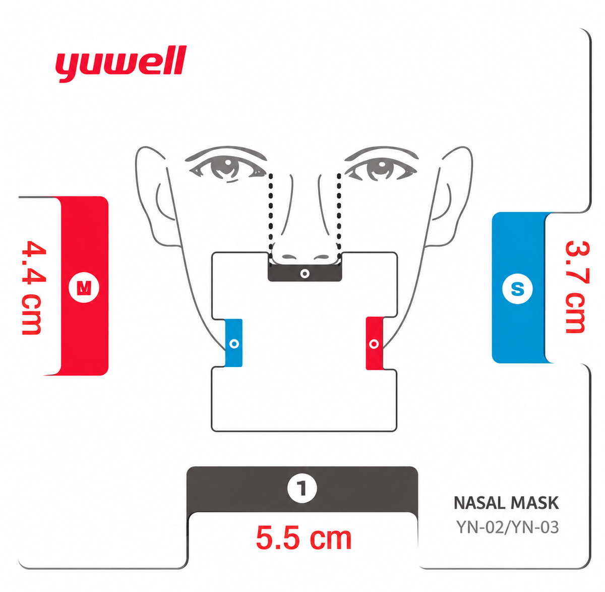Yuwell BreathWear YN-03 Nasal Mask Size Guide with S and M Measurements